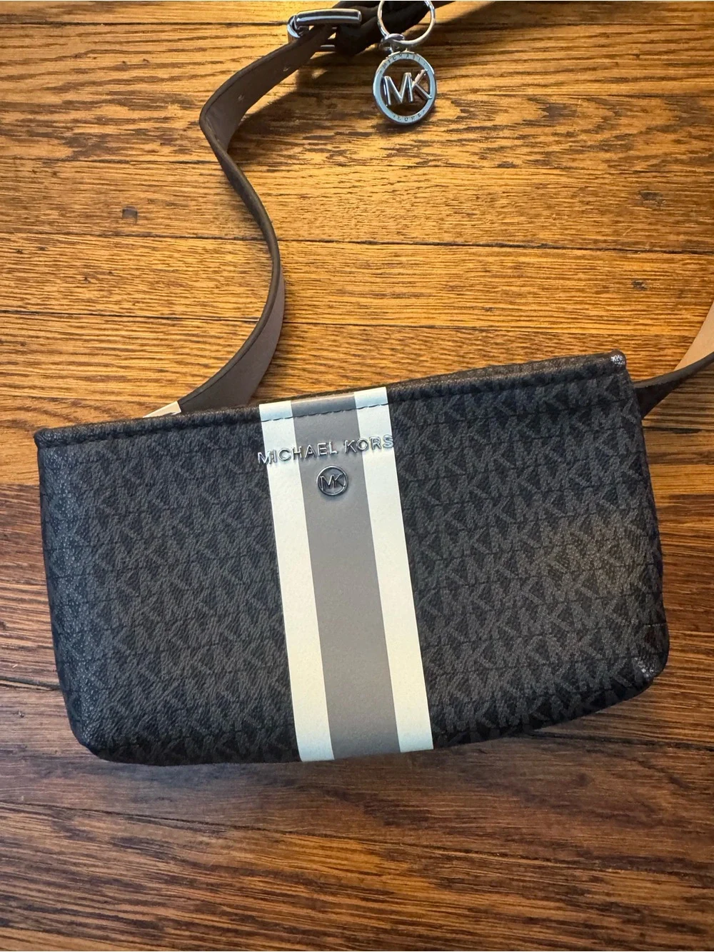 Michael Kors Black Crossbody Belt Bag with Gray and White Racing Stripe